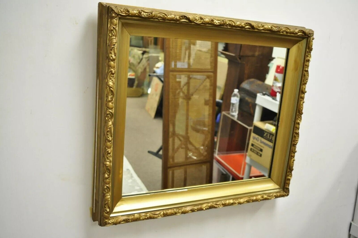 Antique Gold Giltwood Gesso 30" French Victorian Deep Frame Wall Mirror