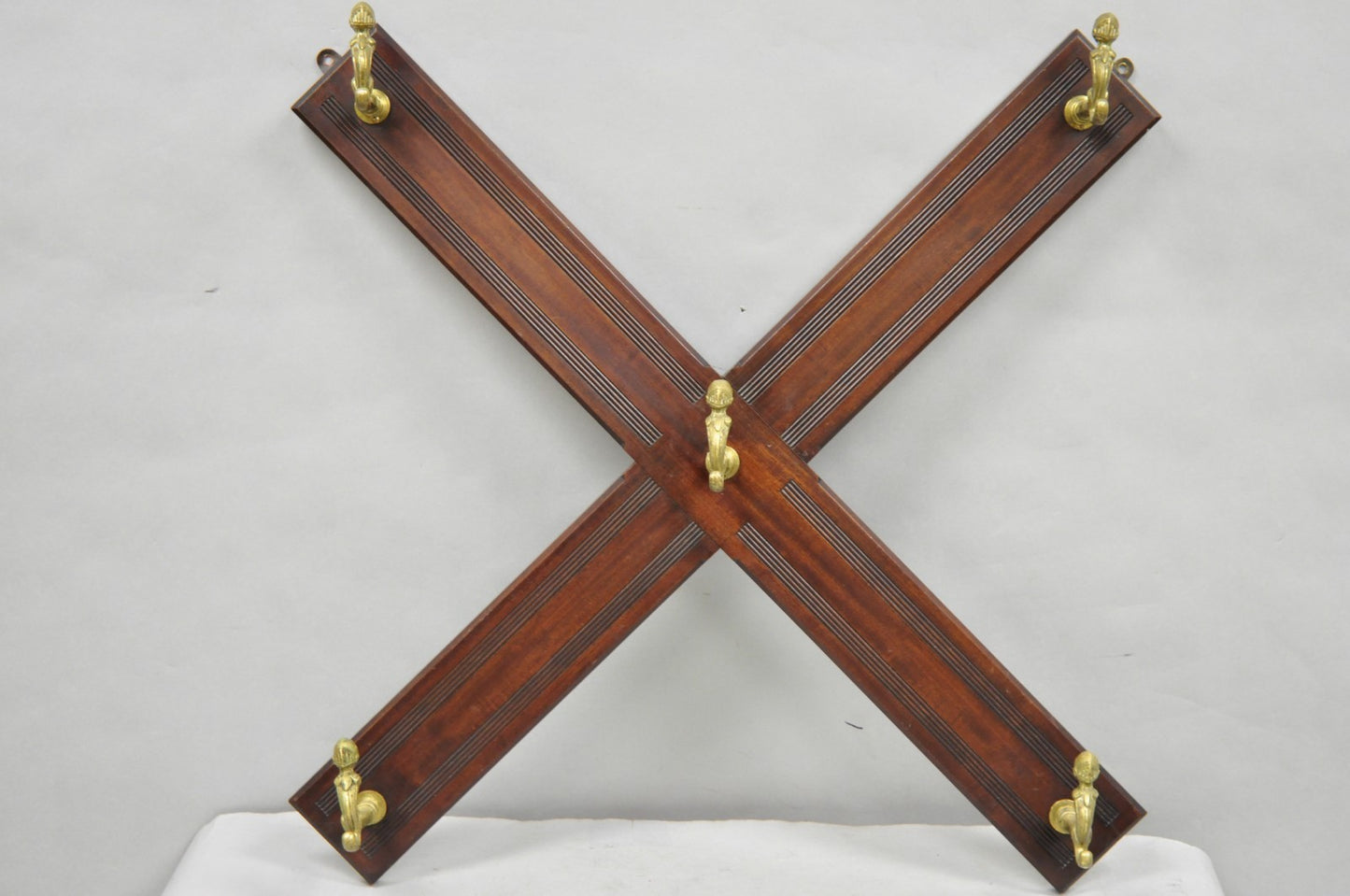 Antique Victorian Mahogany X-Form Wall Coat Rack w/ Brass Knight's Helmet Hooks