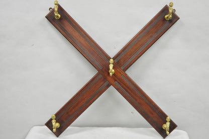 Antique Victorian Mahogany X-Form Wall Coat Rack w/ Brass Knight's Helmet Hooks