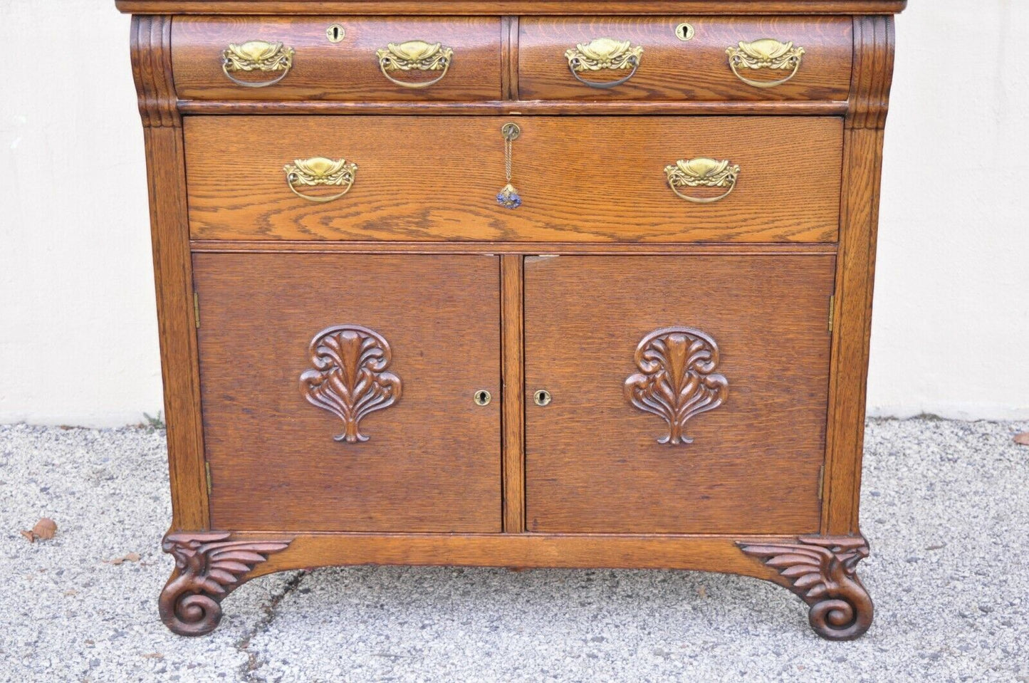 Antique Victorian Oak Wood Sideboard Buffet with Mirror Hutch Backsplash Shelf