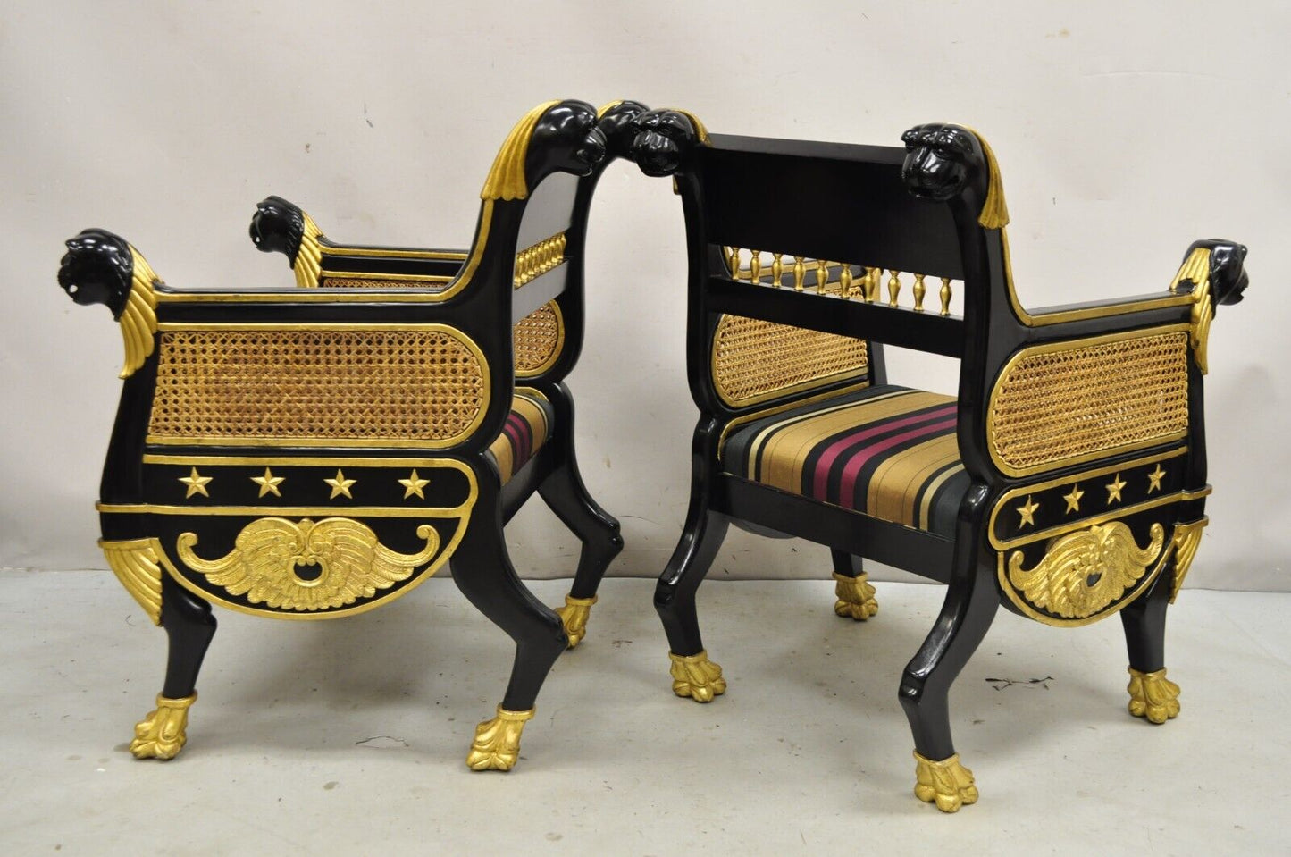 Egyptian Revival Regency Black Ebonized Gold Gilt Lion Head Throne Chairs - Pair