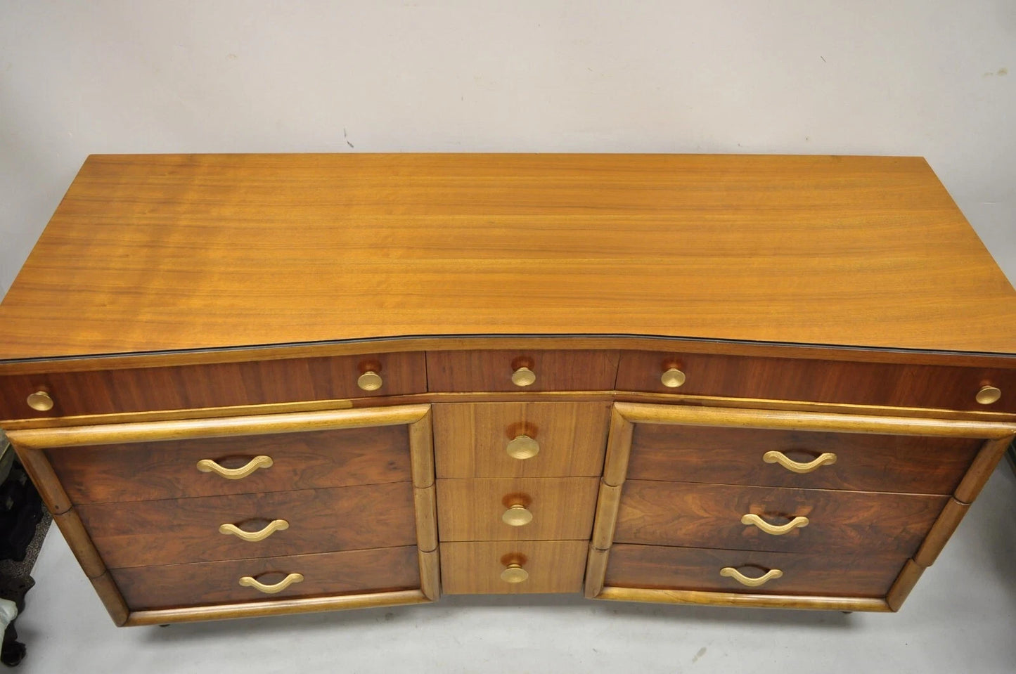 Mid Century Modern Art Deco Walnut Long Dresser Credenza w Mirror by Joerns Bros