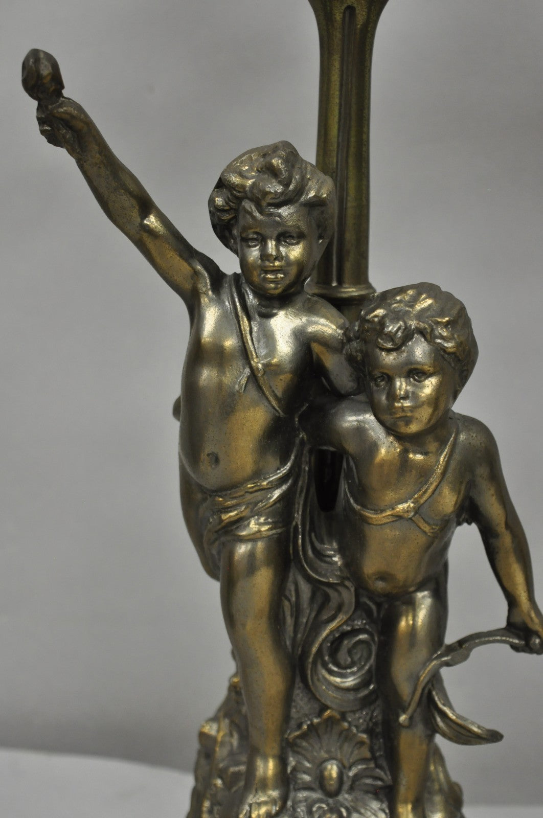 French Renaissance Figural Spelter Metal Cherub Candelabra Table Lamps - a Pair
