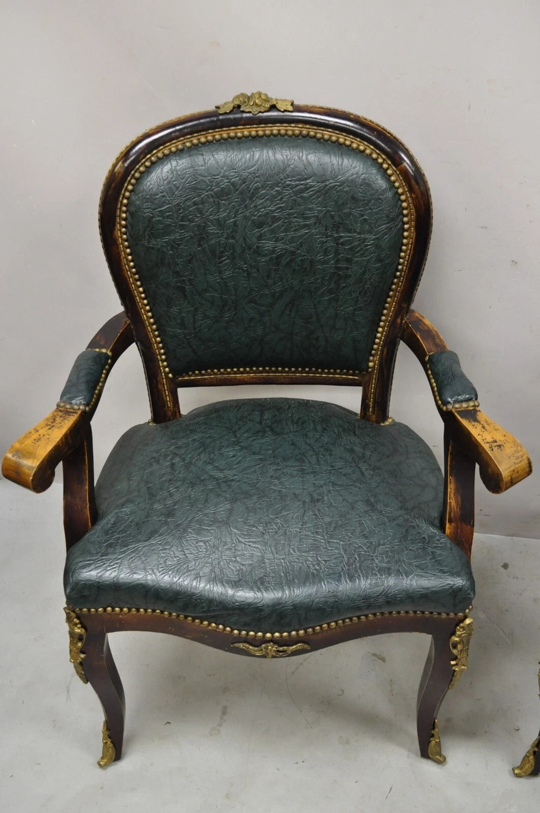 Vintage French Louis XV Style Solid Wood Bronze Ormolu Arm Chairs - a Pair