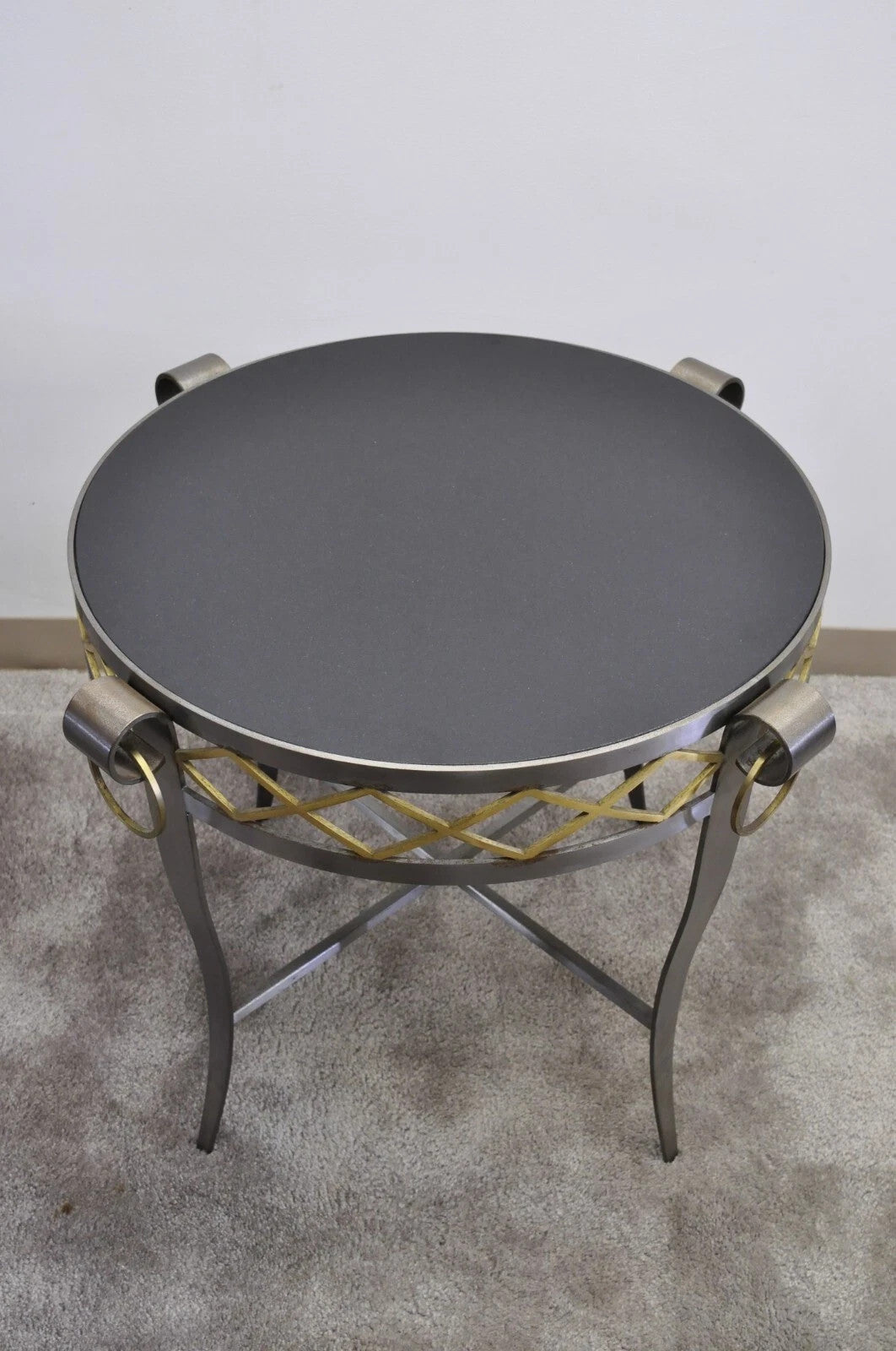 Neoclassical Maison Jansen Style Steel Black Marble Round Bouillotte Side Table