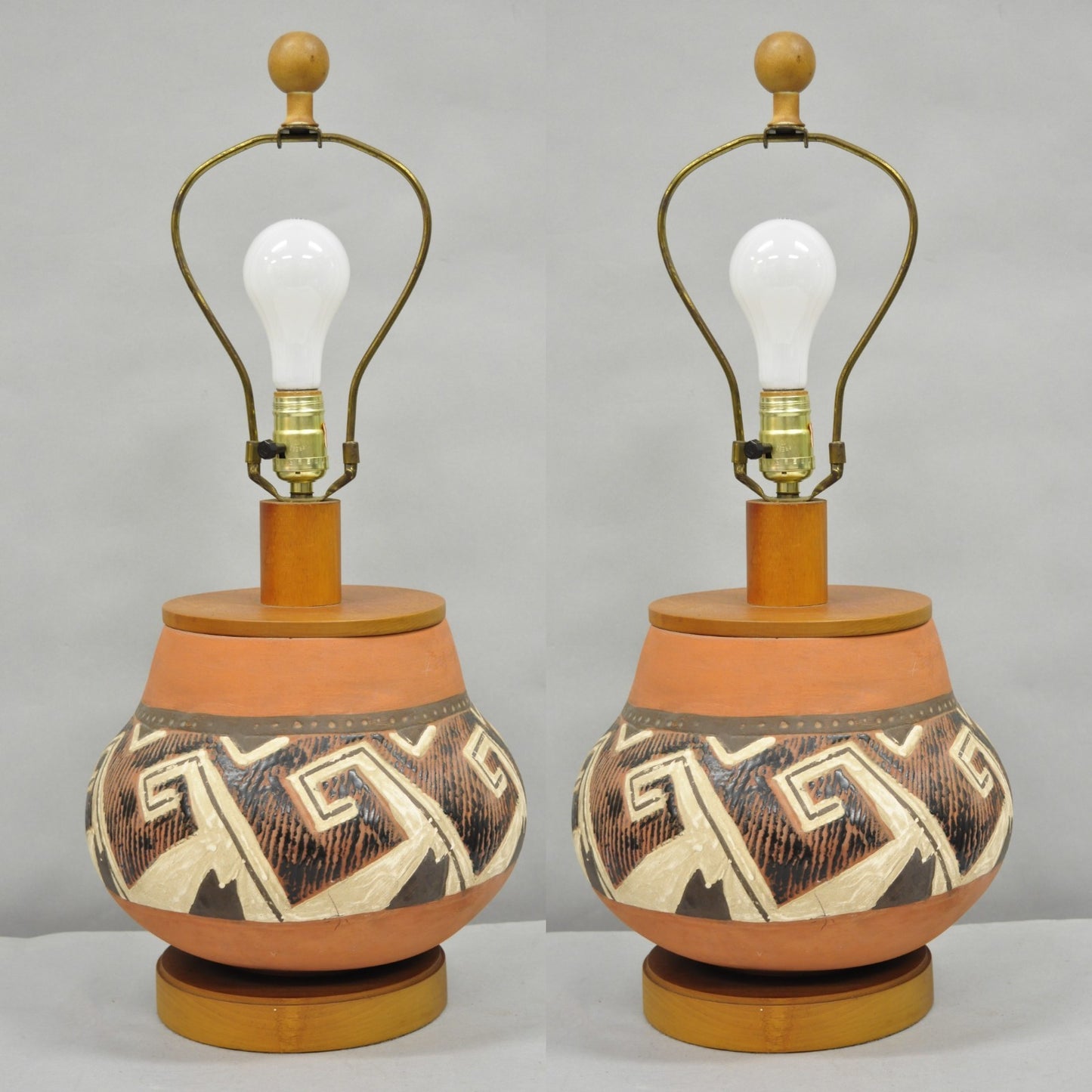 Vintage Southwestern Native American Terracotta Pottery Vase Table Lamp - a Pair