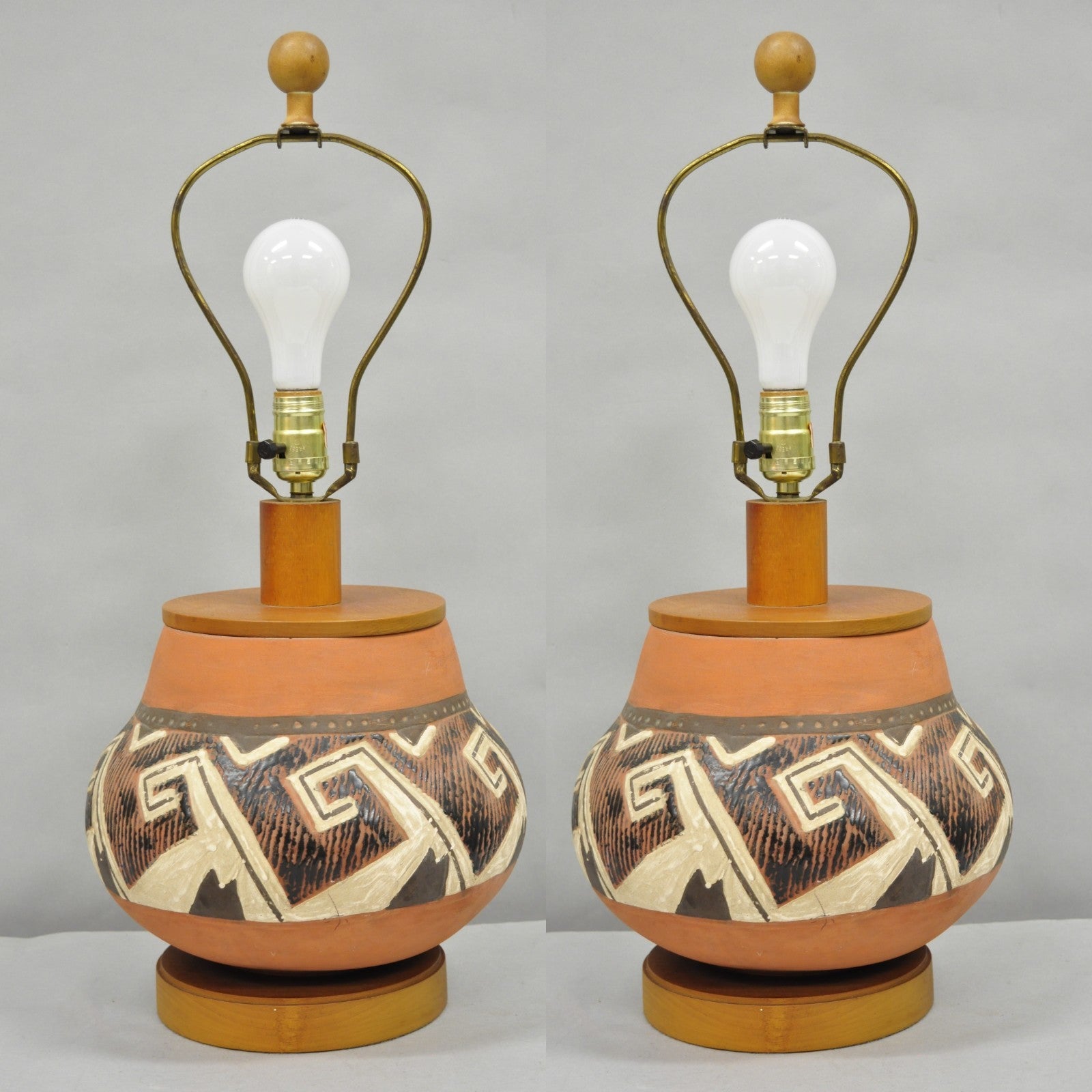Vintage Southwestern Native American Terracotta Pottery Vase Table Lamp - a Pair