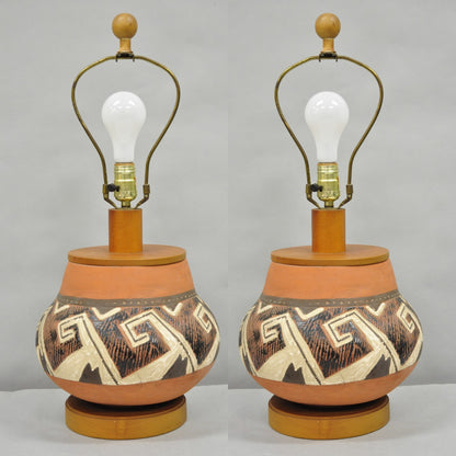 Vintage Southwestern Native American Terracotta Pottery Vase Table Lamp - a Pair