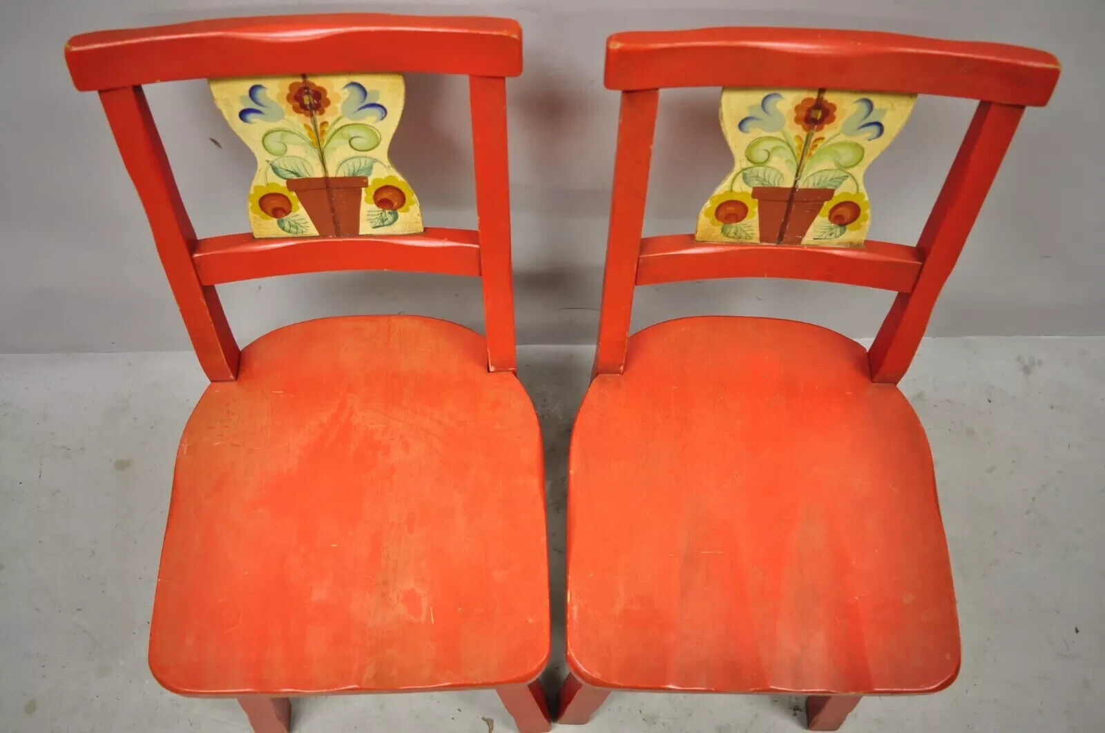 Vintage Colonial Hand Painted Flower Red Wooden Side Chairs by Gimble's - a Pair