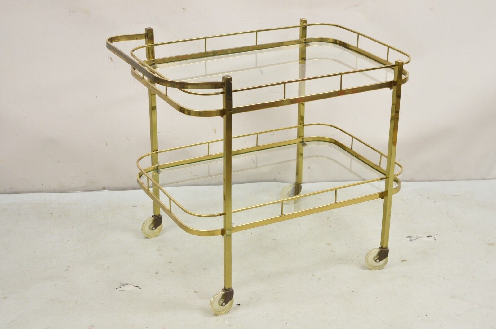 Vintage Mid Century Modern Brass Bar Tea Cart with Glass Shelves