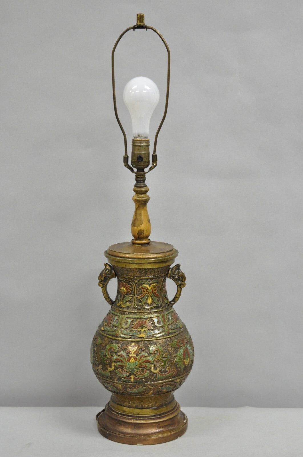 Vintage Chinese Porcelain Enamel Bronze Lacquered Cloisonne Champleve Table Lamp