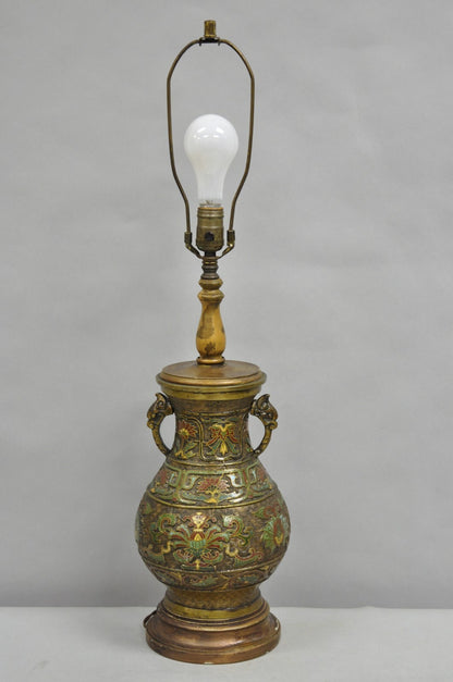 Vintage Chinese Porcelain Enamel Bronze Lacquered Cloisonne Champleve Table Lamp
