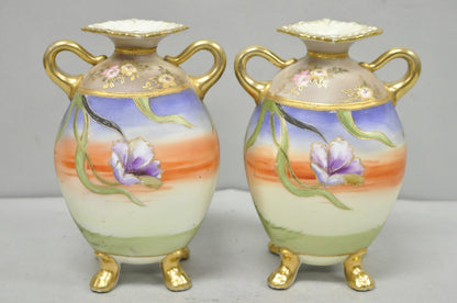 Antique Nippon Moriage Hand Painted Porcelain Purple Iris & Gold Gilt Vase Pair