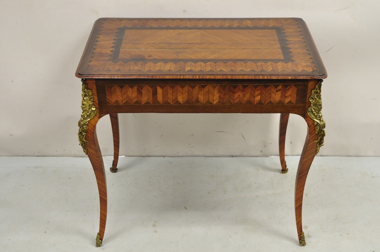 Antique French Louis XV Style Bronze Mount Marquetry Inlay 1 Drawer Writing Desk