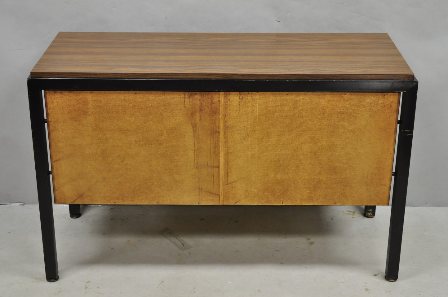Vintage Mid Century Modern Faux Rosewood Laminate Steel Metal Credenza Cabinet