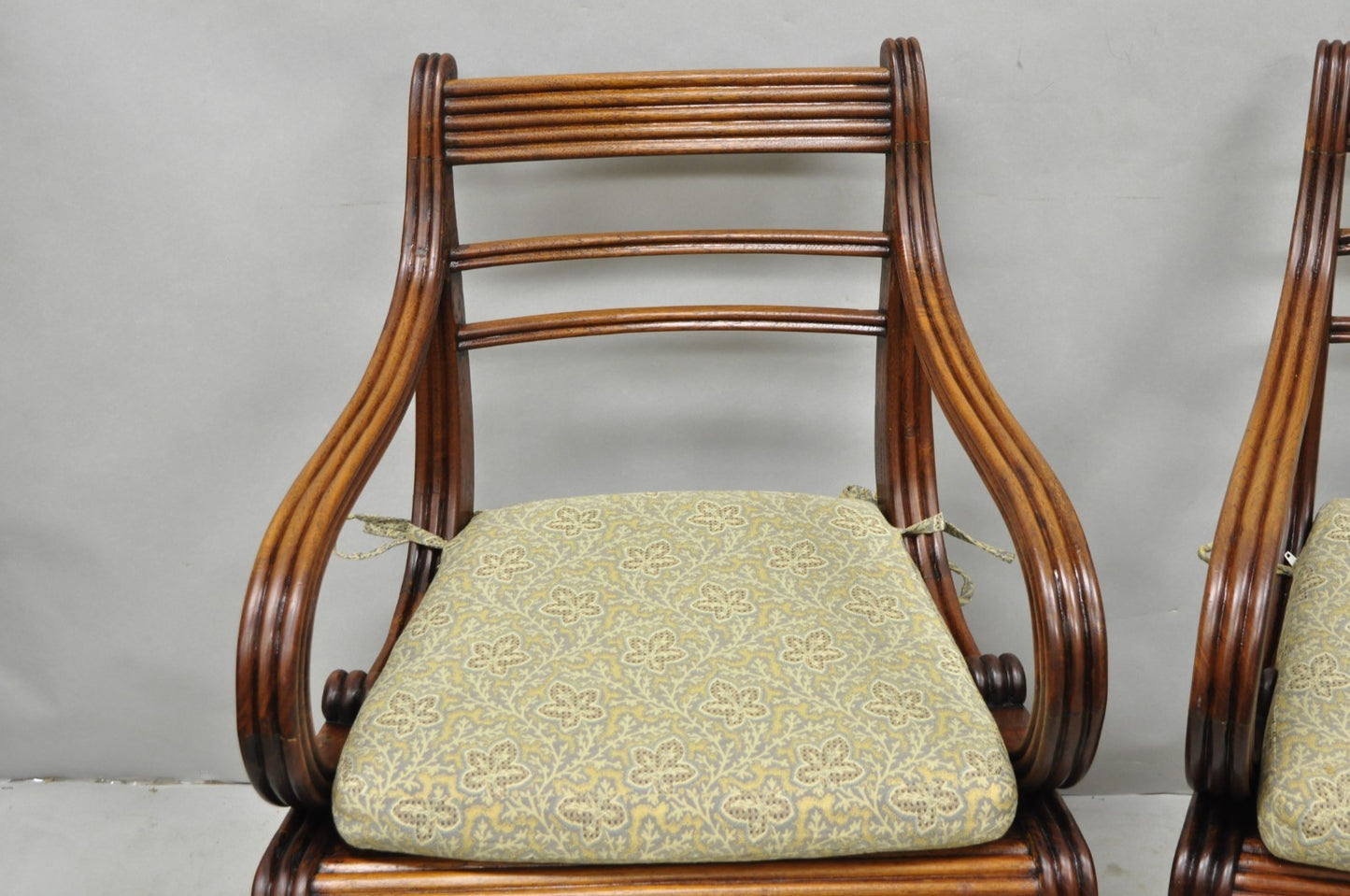Vintage English Regency Style Cane Seat Mahogany Saber Leg Arm Chairs - a Pair