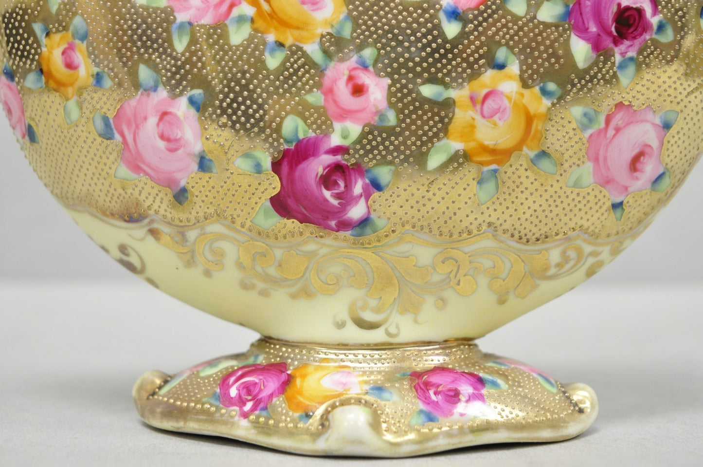 Antique Japanese Nippon Hand Painted Porcelain Gold Gilt Handle Moon Basket Vase