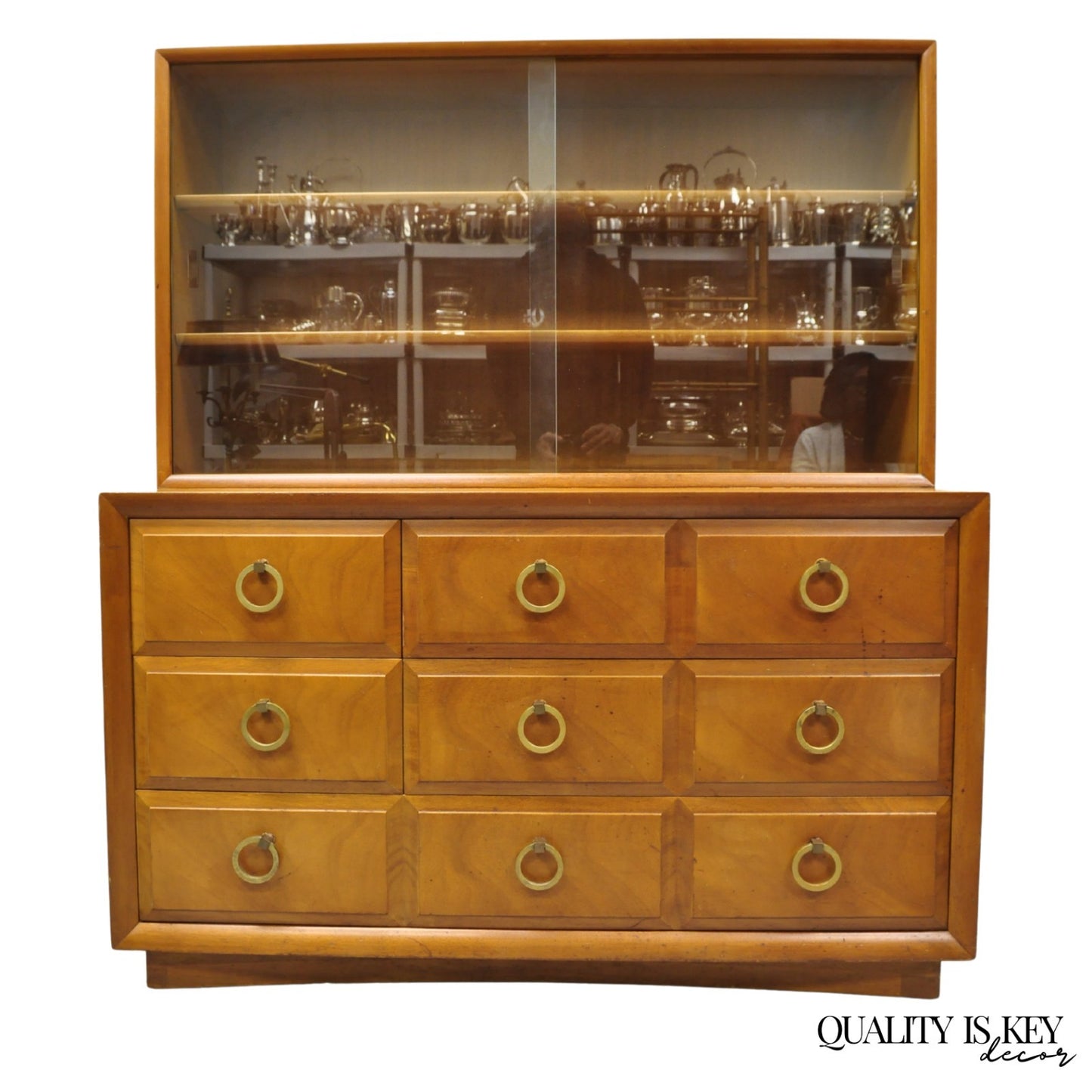 Vintage T.H. Robsjohn Gibbings for Widdicomb Mahogany Brass Ring China Cabinet