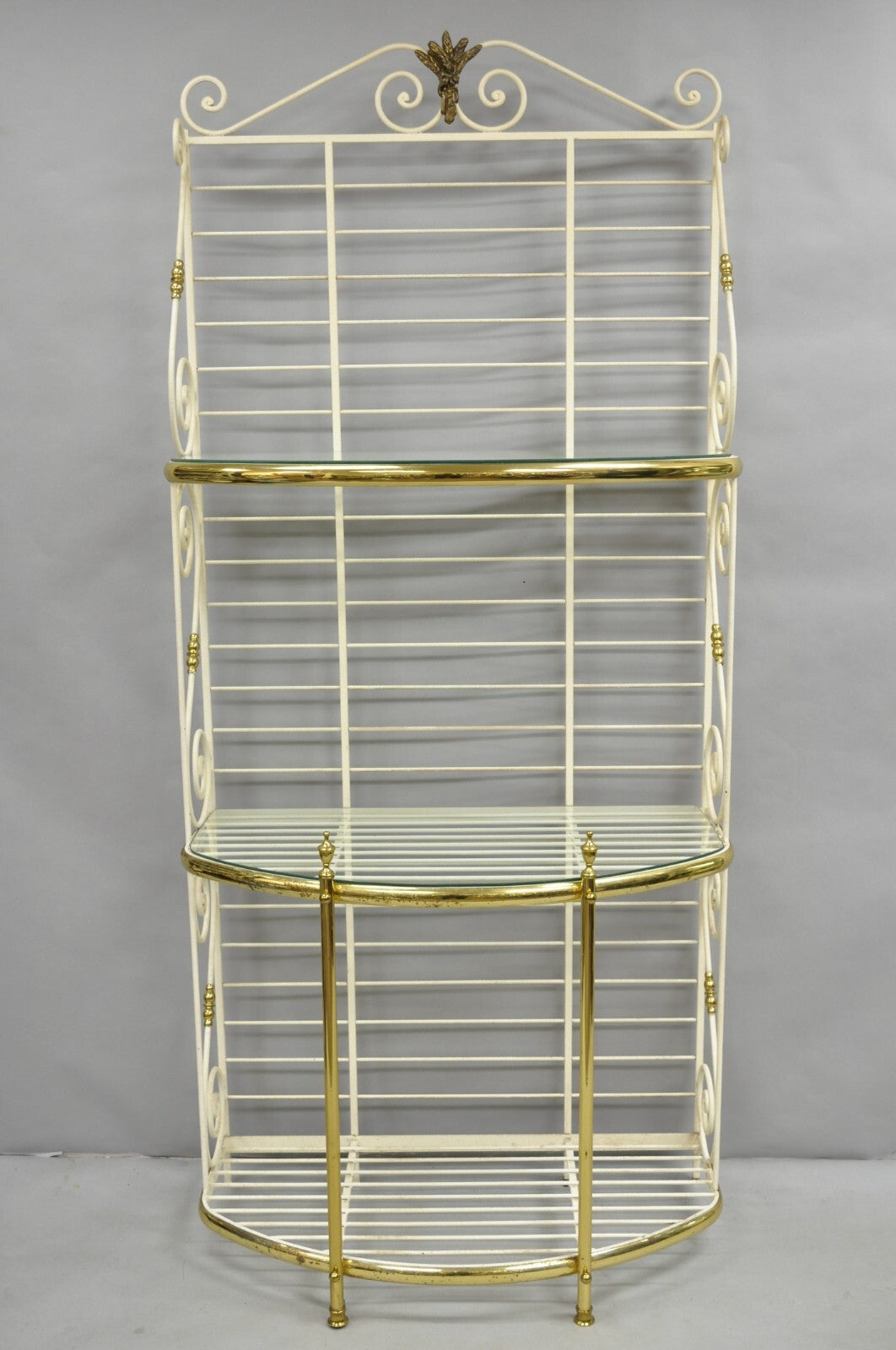 Vintage French Country White Wrought Iron & Brass 3 Tier Pastry Bakers Rack