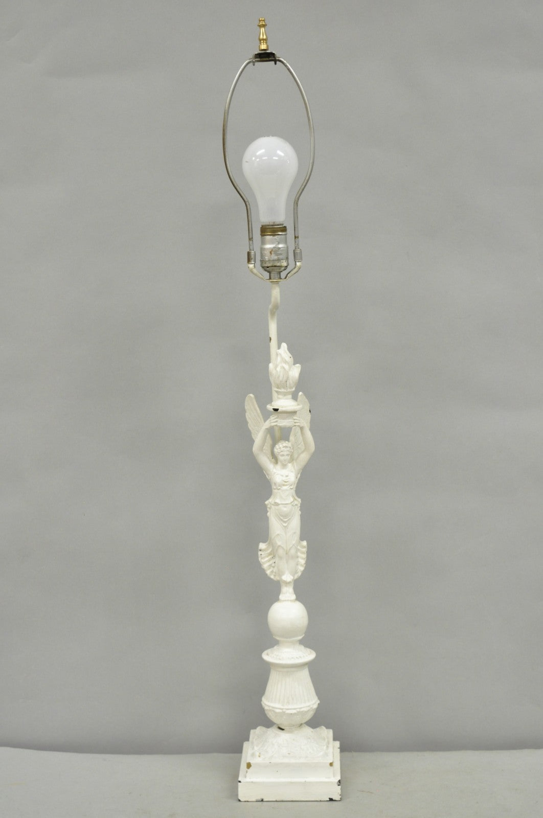 Antique French Neoclassical Metal Figural Winged Maiden Flame White Table Lamp