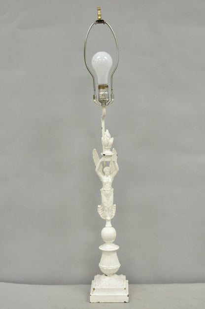 Antique French Neoclassical Metal Figural Winged Maiden Flame White Table Lamp