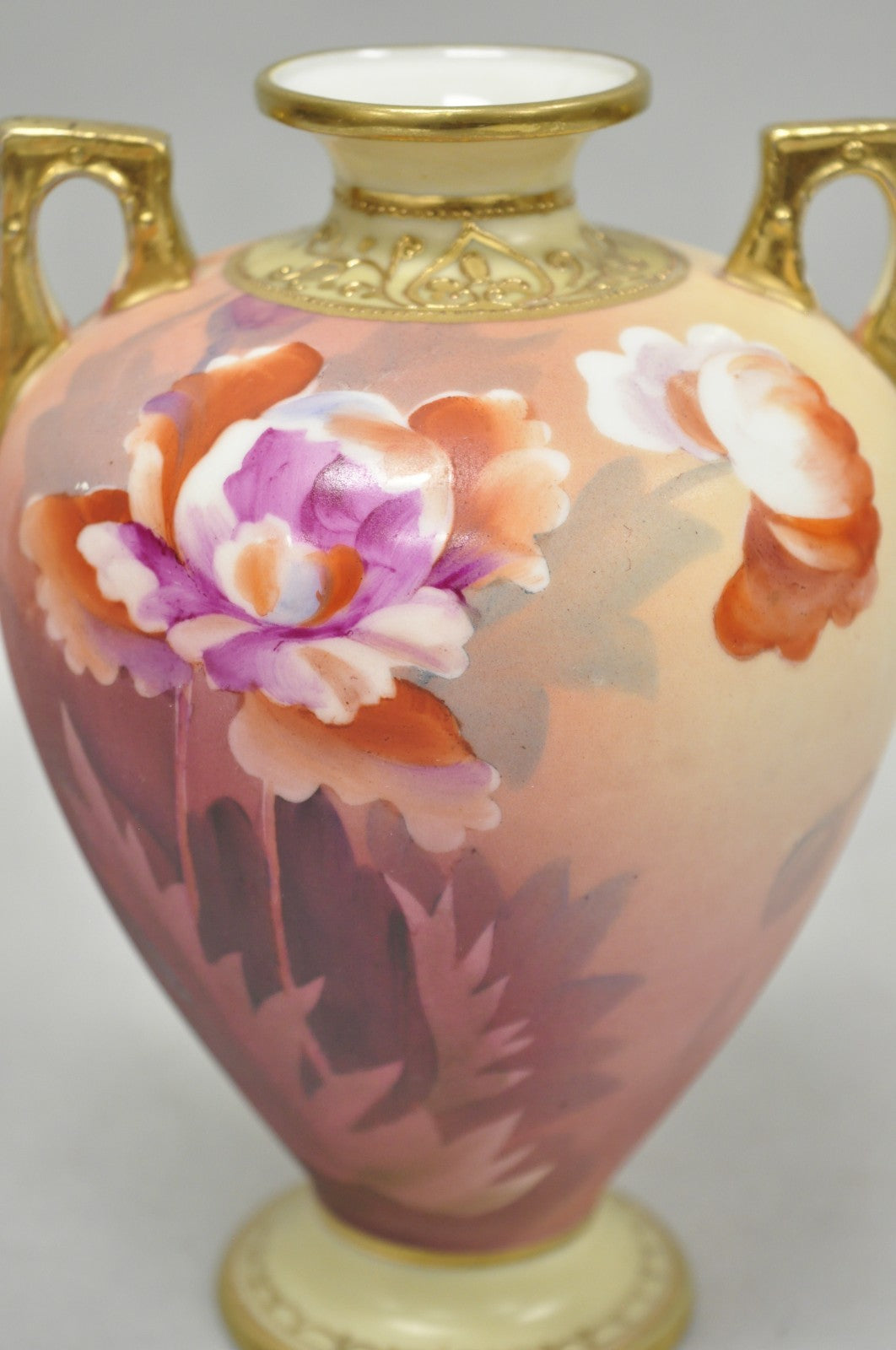 Antique Nippon Hand Painted Porcelain Small Pink Floral Vase w Gold Twin Handles