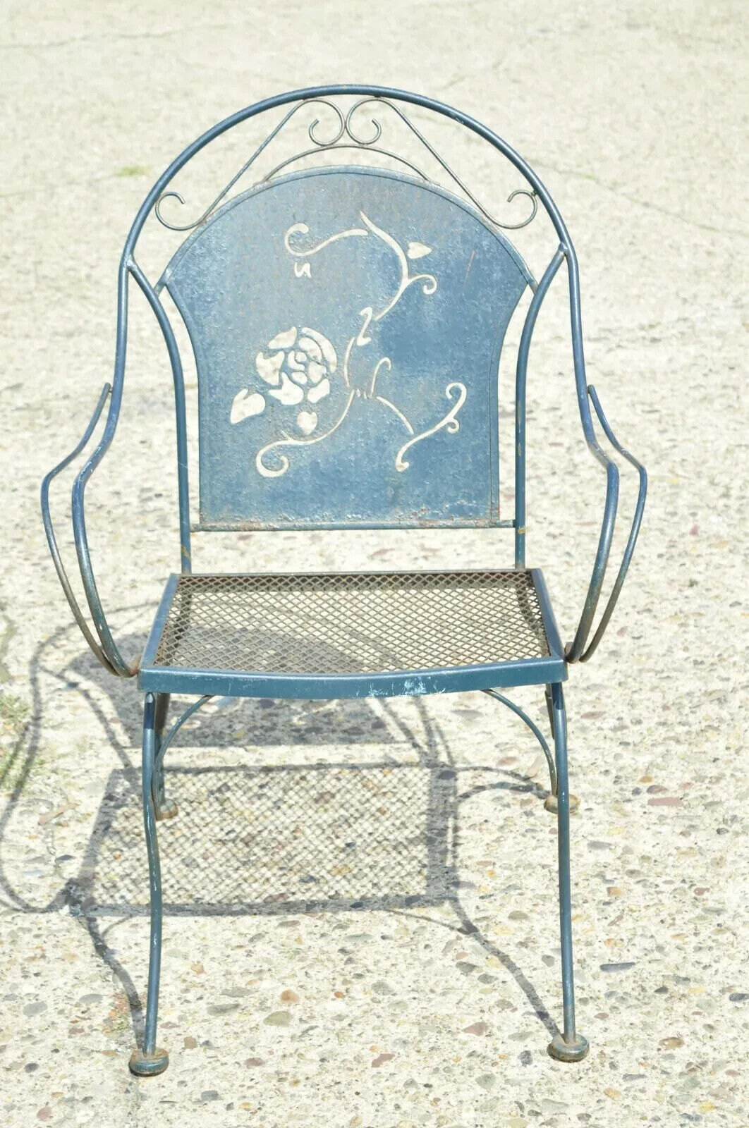 Vintage Mid Century Wrought Iron Pierced Rose Garden Patio Dining Arm Chair