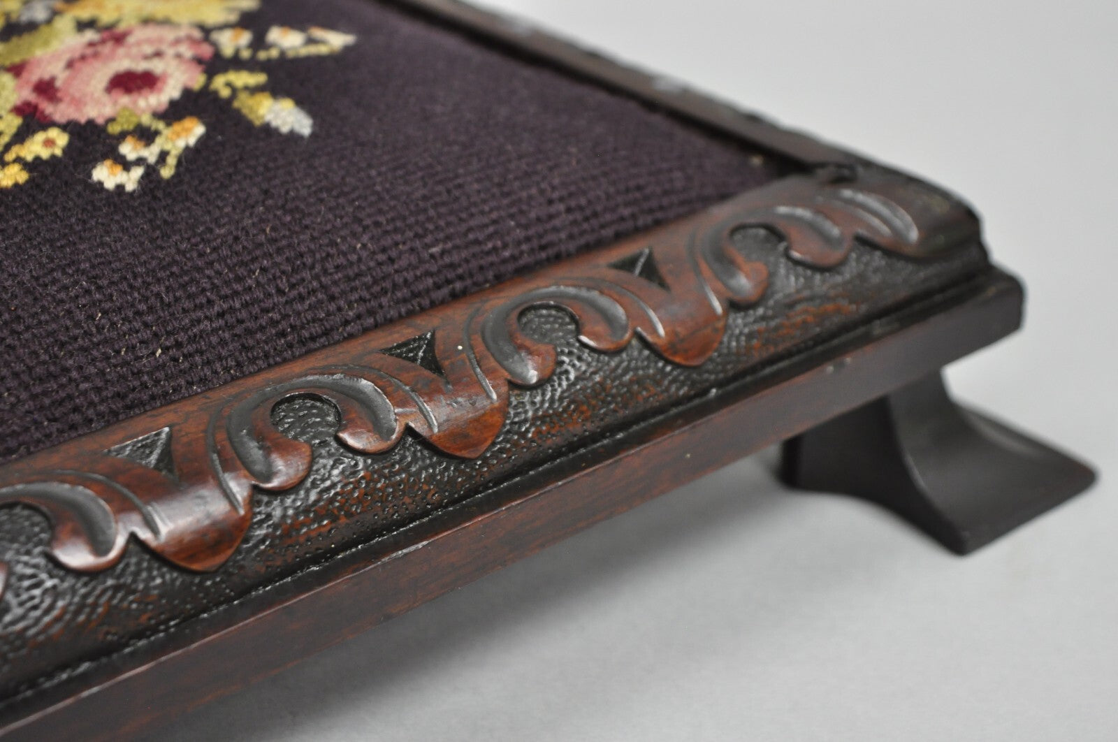 Antique Victorian Carved Solid Mahogany Floral Needlepoint Low Footstool Ottoman