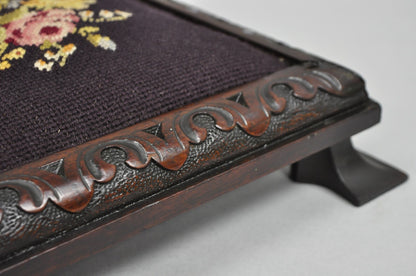 Antique Victorian Carved Solid Mahogany Floral Needlepoint Low Footstool Ottoman