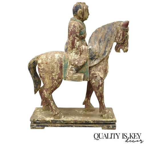 Chinese Polychrome Carved Wood Tang Horse and Rider Statue Sculpture