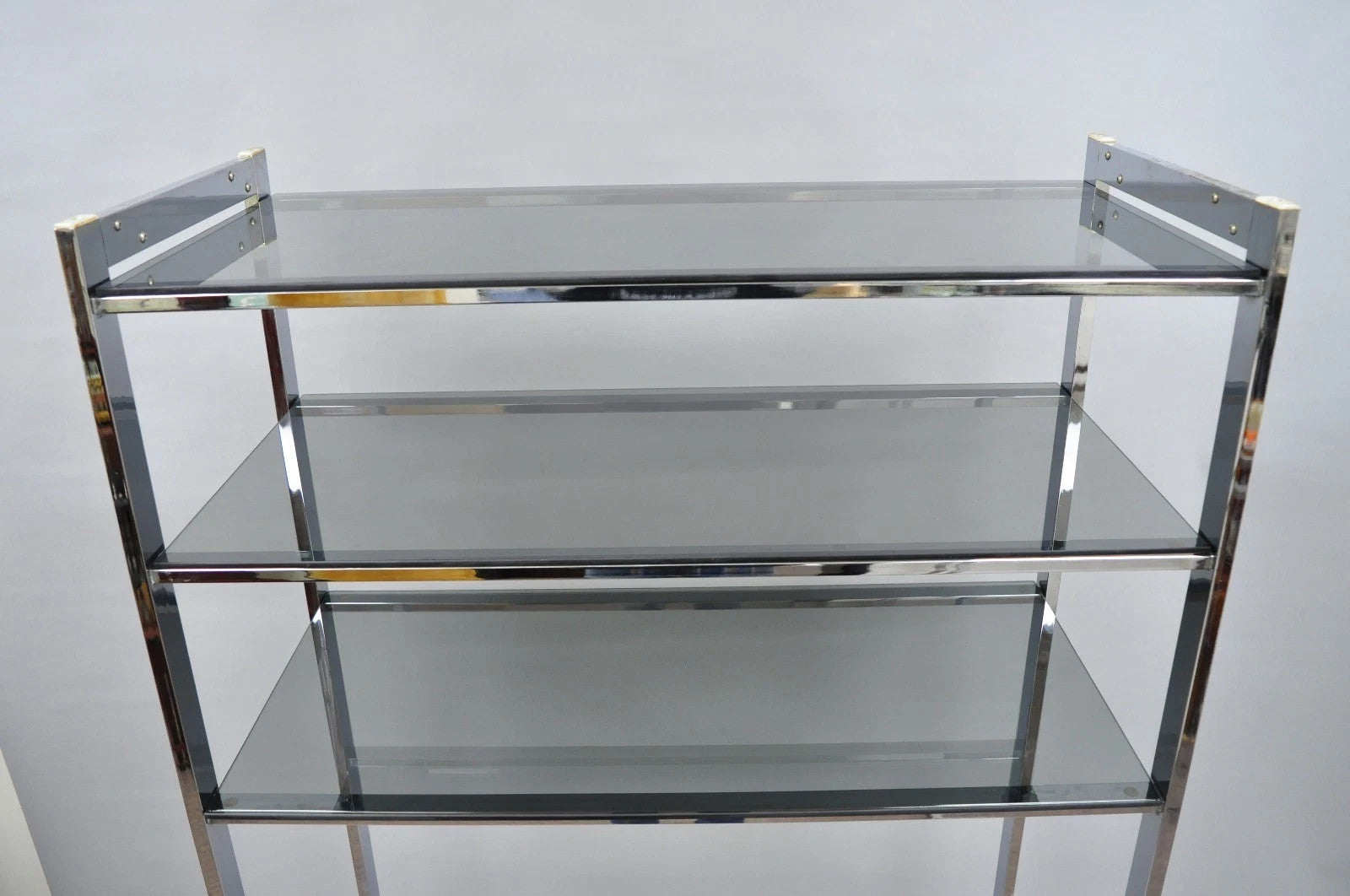 Mid Century Modern Baughman Style Chrome Smoked Glass Etagere Bookcase Shelf