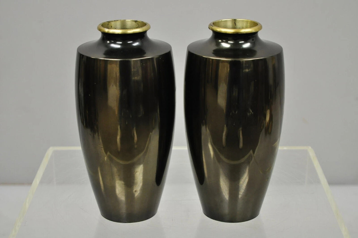 Vintage 10" Oriental Bronze Metal Pagoda Mountain Engraved Vase Set - a Pair