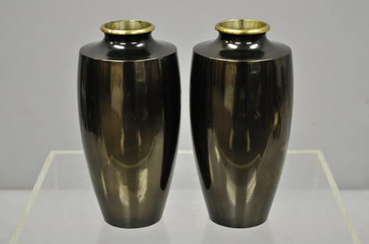 Vintage 10" Oriental Bronze Metal Pagoda Mountain Engraved Vase Set - a Pair