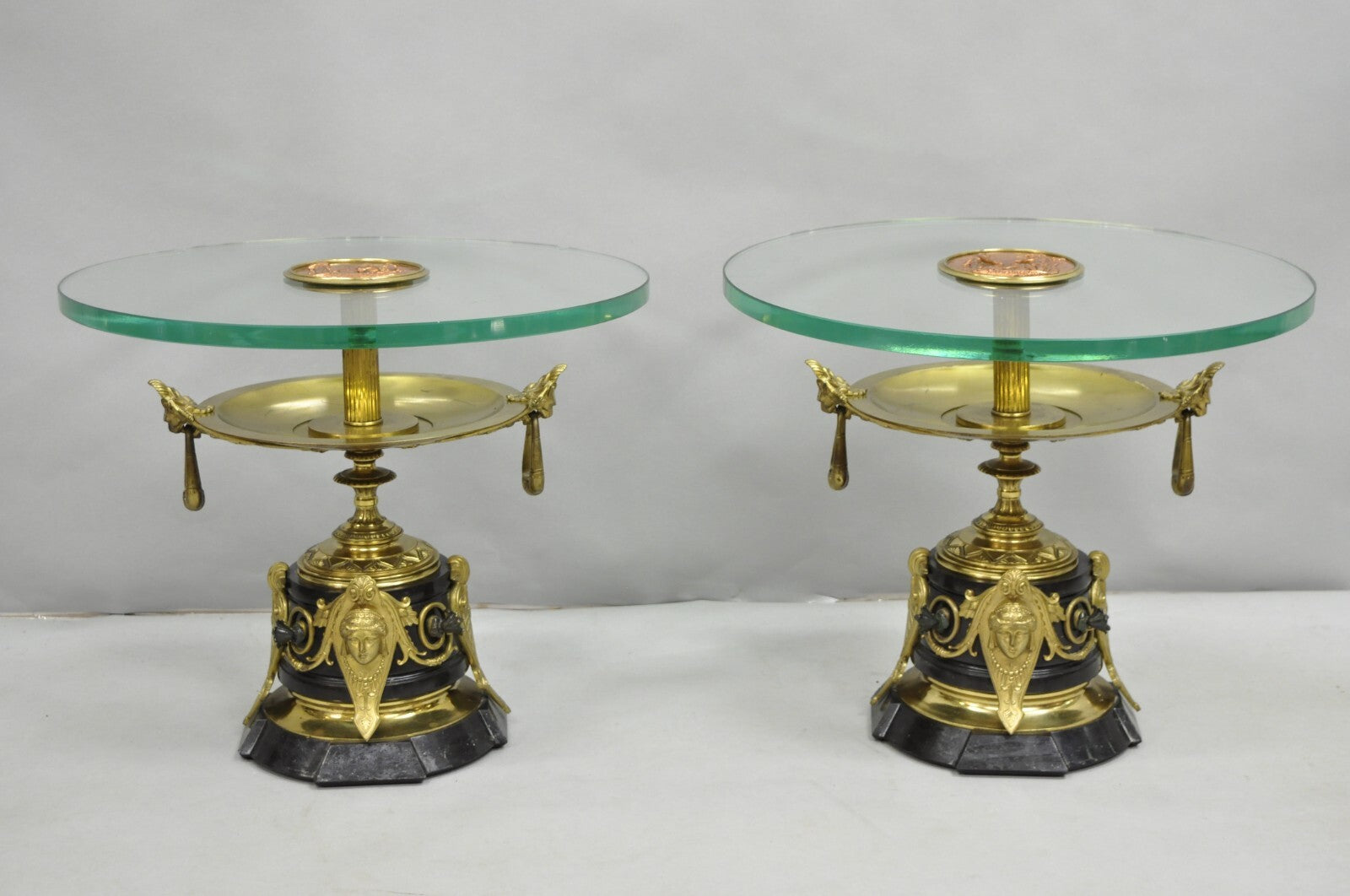 French Empire Figural Bronze and Marble Round Glass Tazza Low Side Tables - Pair