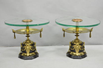 French Empire Figural Bronze and Marble Round Glass Tazza Low Side Tables - Pair