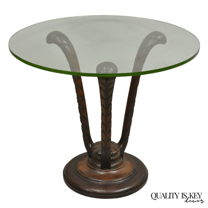 Vintage Grosfeld House Hollywood Regency Carved Mahogany Plume Round Side Table