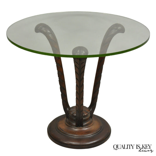 Vintage Grosfeld House Hollywood Regency Carved Mahogany Plume Round Side Table