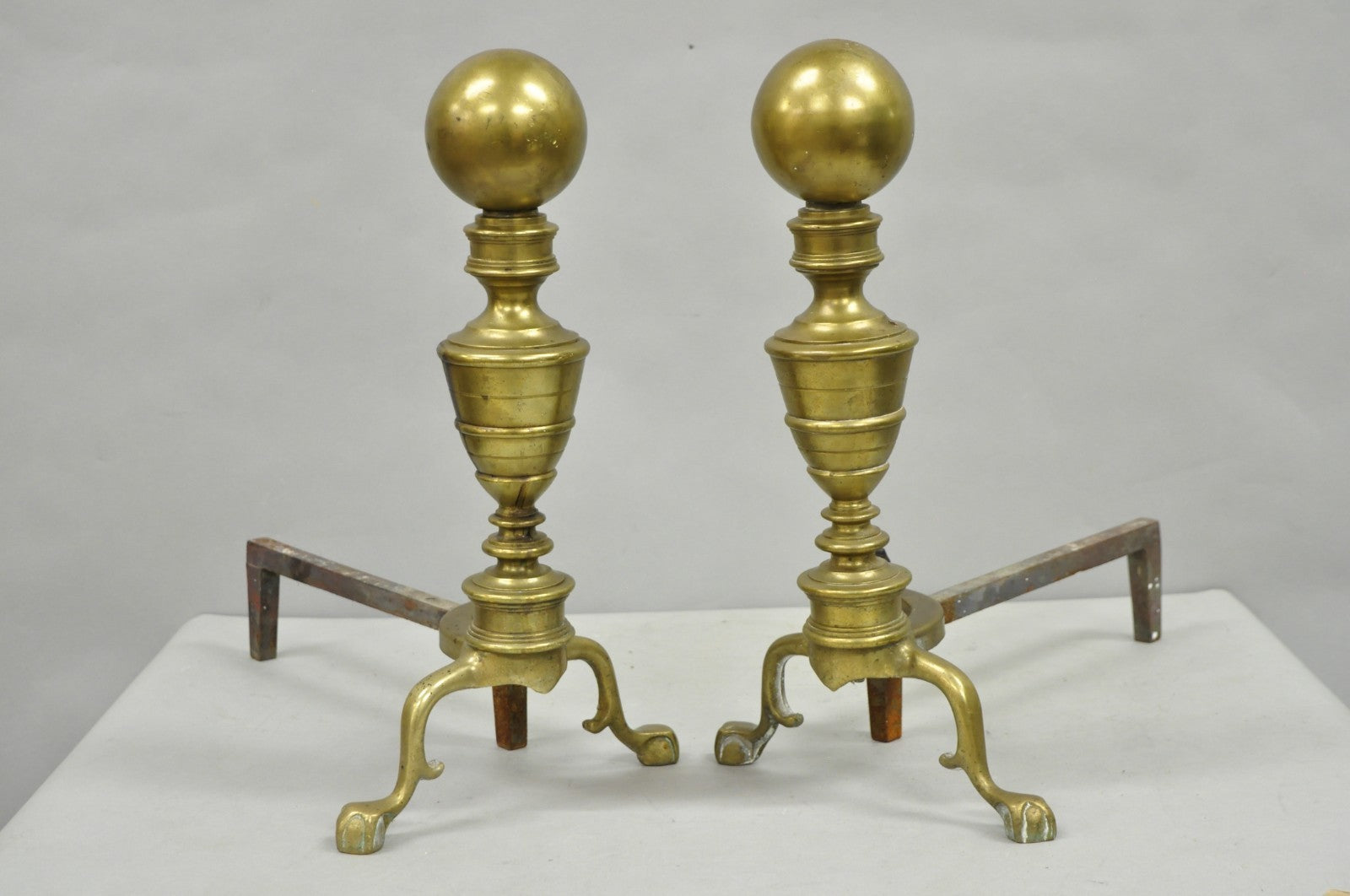Antique English Victorian Brass Cannonball Ball and Claw Fireplace Andirons Pair