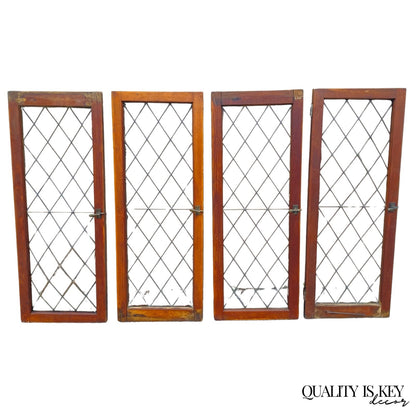 Antique Arts & Crafts Diamond Lattice Leaded Glass Windows in Frame - Set of 4