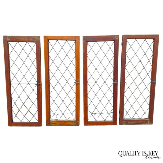 Antique Arts & Crafts Diamond Lattice Leaded Glass Windows in Frame - Set of 4