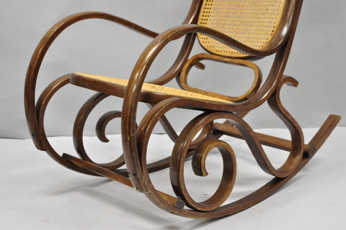 Vintage Mid Century Modern Thonet Style Bentwood & Cane Rocker Rocking Chair (C)