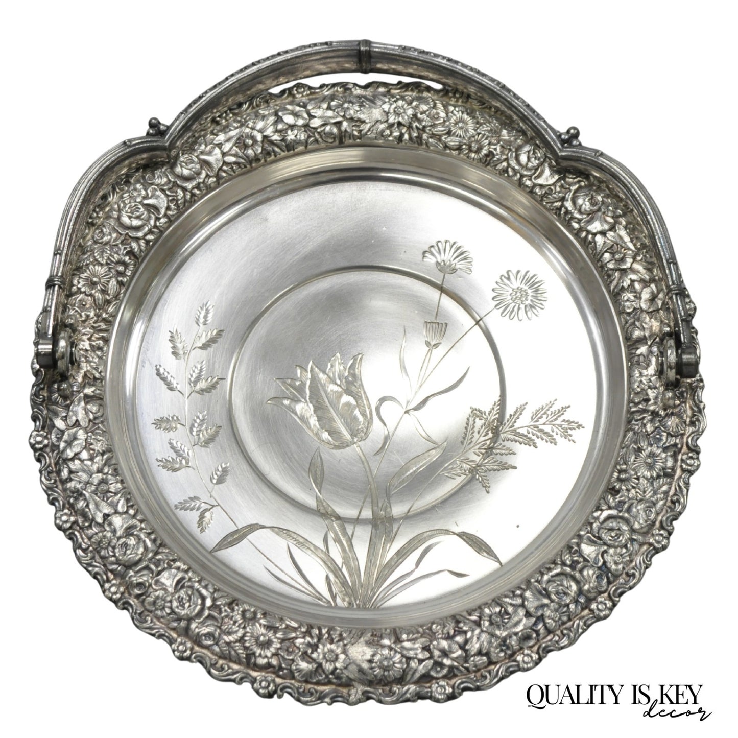 Meriden Art Nouveau Silver Plated Floral Repousse Bread Pastry Brides Basket