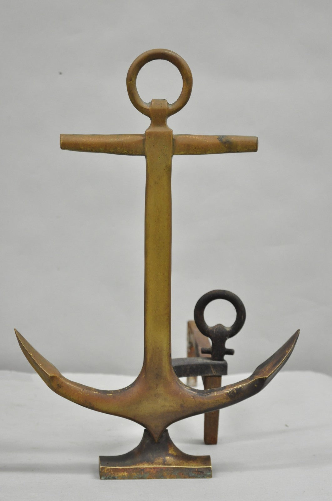 Antique Nautical Figural Ship Anchor Brass Fireplace Andirons w/ Patina - a Pair