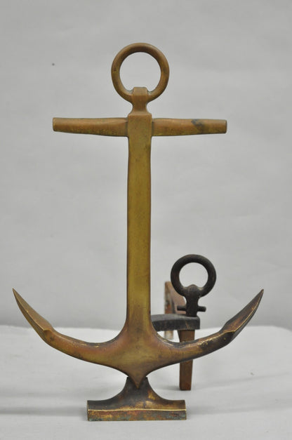 Antique Nautical Figural Ship Anchor Brass Fireplace Andirons w/ Patina - a Pair