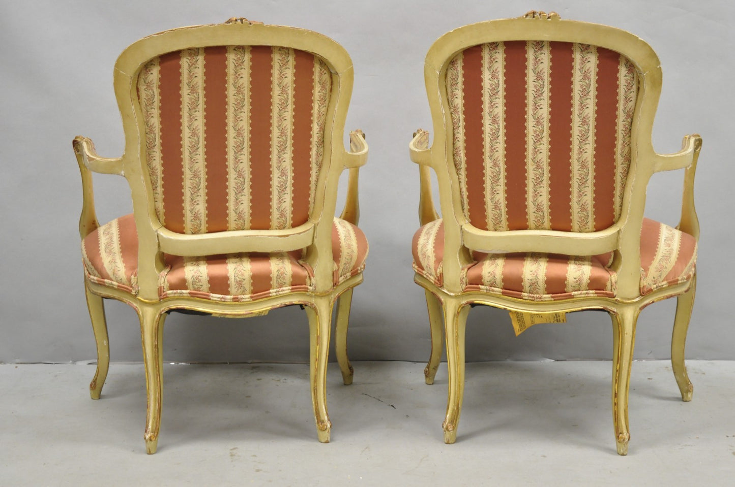 Antique French Louis XV Style Gold Giltwood Pink Stripe Fauteuil Arm Chair, Pair