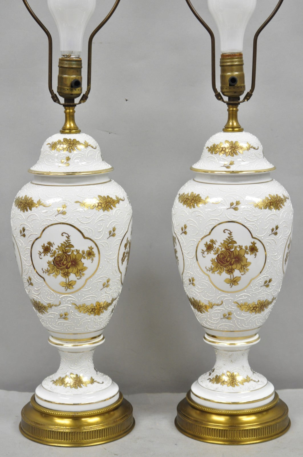 Vintage French Louis XV White Porcelain Ginger Jar Gold Flower Table Lamps Pair