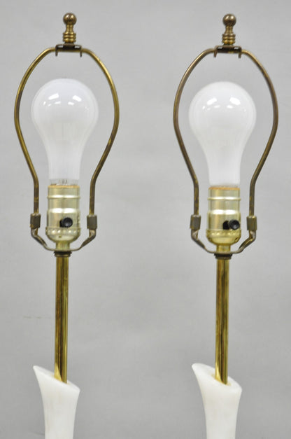 Vintage Italian Mid Century Modern 2 Tone Alabaster Green White Table Lamp Pair