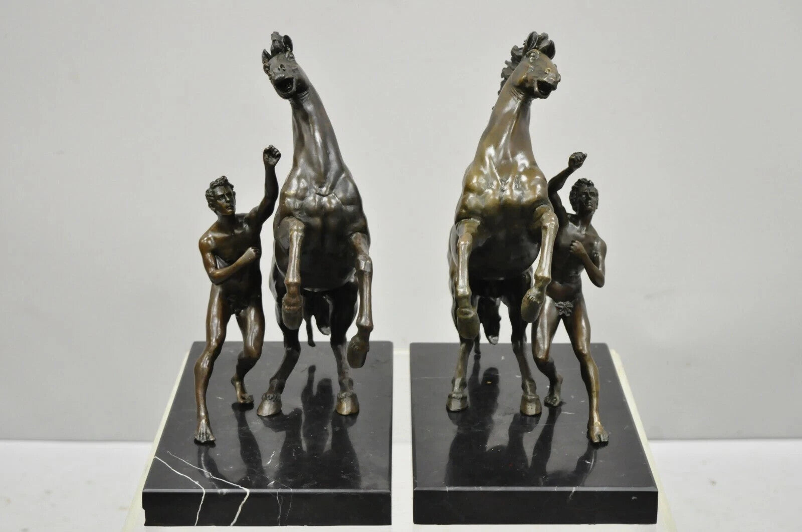 Vintage Bronze Marly Horse and Tamer Sculpture after Coustou on Marble Base Pair