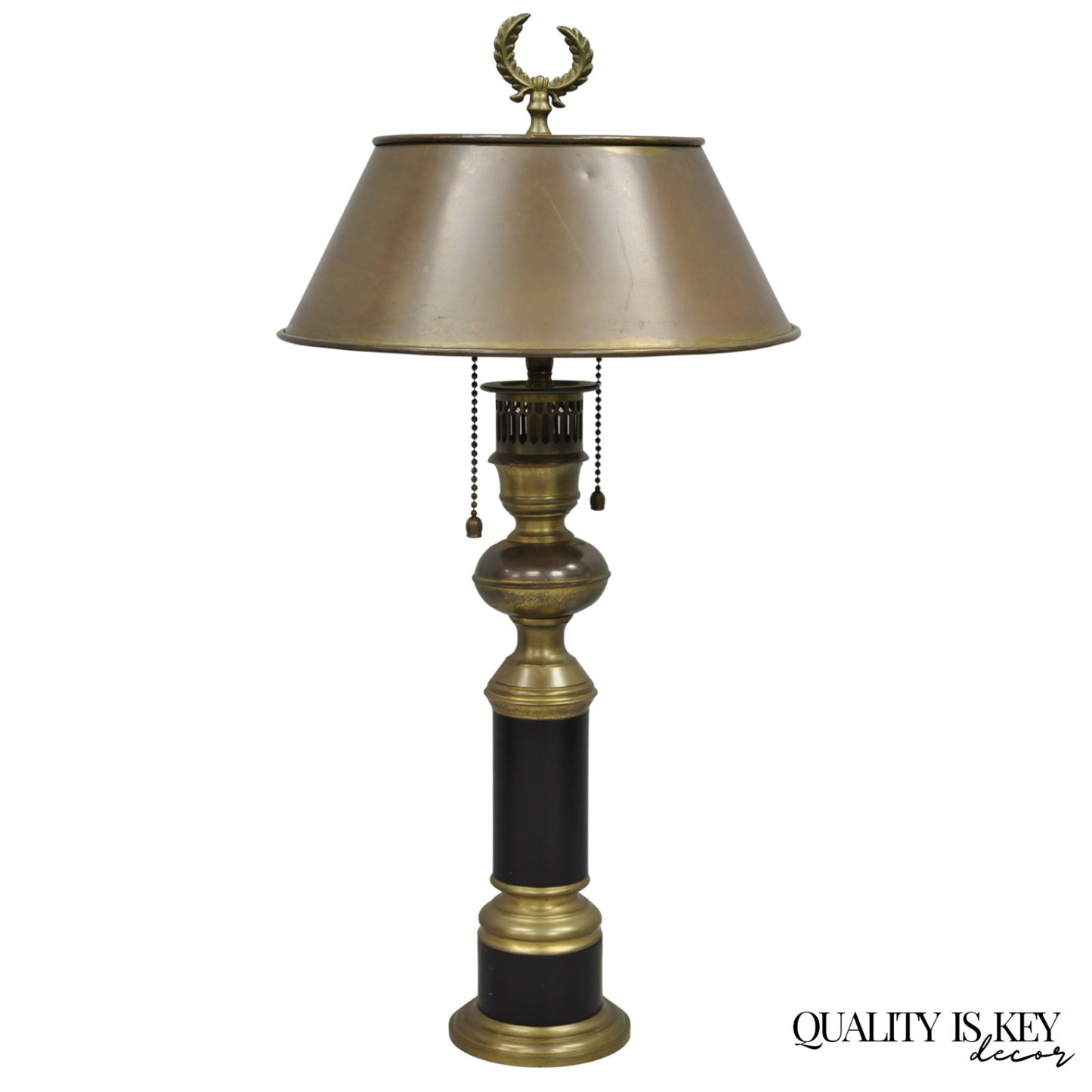 Vintage French Empire Burnished Brass Small Bouillotte Black Column Table Lamp