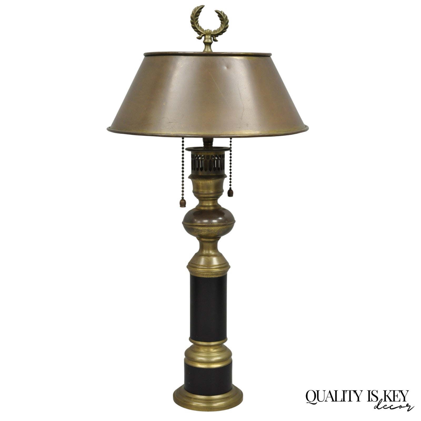 Vintage French Empire Burnished Brass Small Bouillotte Black Column Table Lamp
